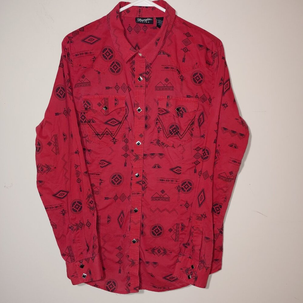 Wrangler Retro Aztec Print Diamond Shape Snap Button Down Western Shirt Sz XL Re